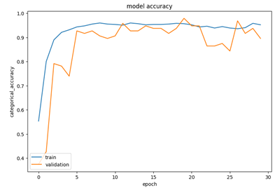 MobileNet+GRU training and validation accuracy rising to about 0.95 over 30 epochs