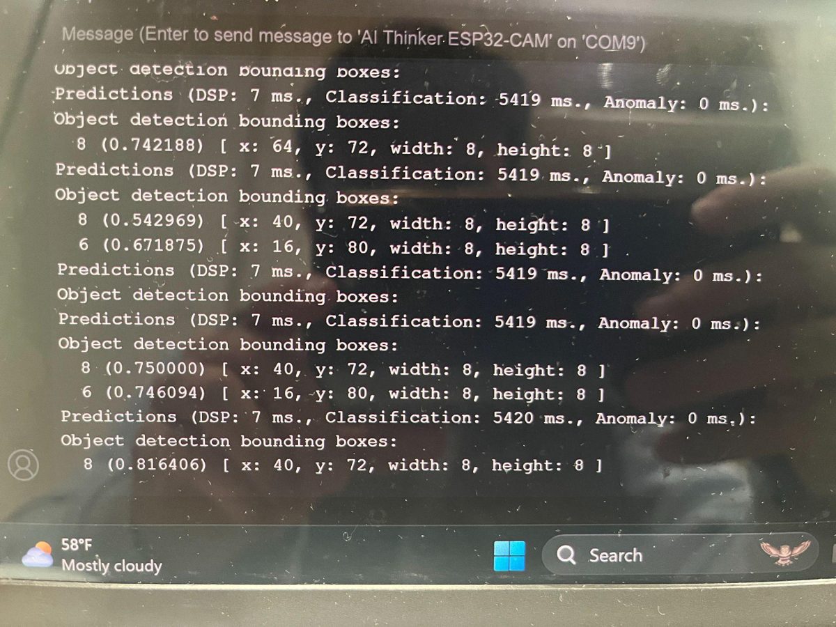 Serial monitor output listing detected digits with confidence scores and bounding boxes