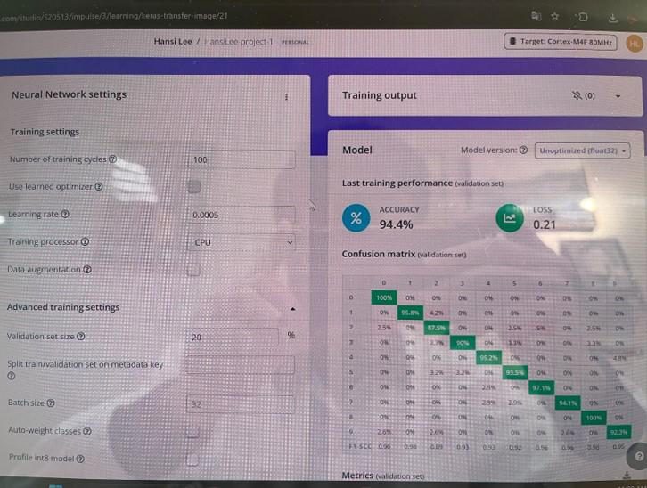 Edge Impulse training dashboard showing model accuracy and a confusion matrix